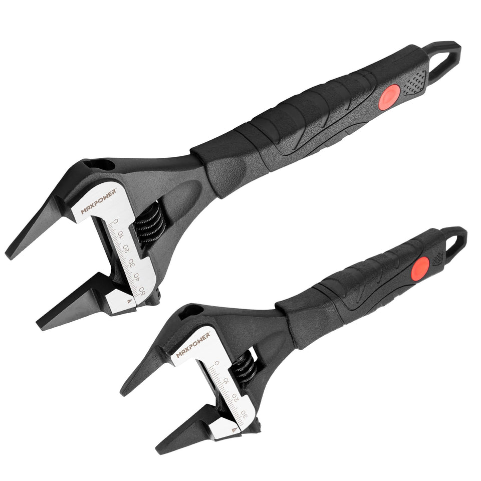 MAXPOWER Slim Adjustable Wrench 10-inch wide jaw for large fasteners with deep reach.