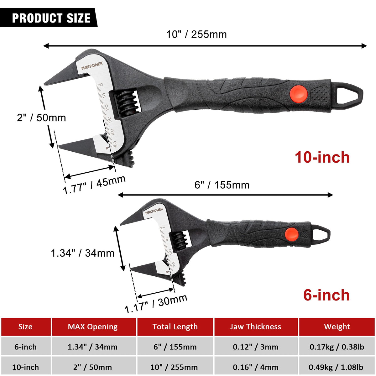 MAXPOWER Slim Adjustable Wrench 6-inch narrow jaw for tight spaces and precise grip.