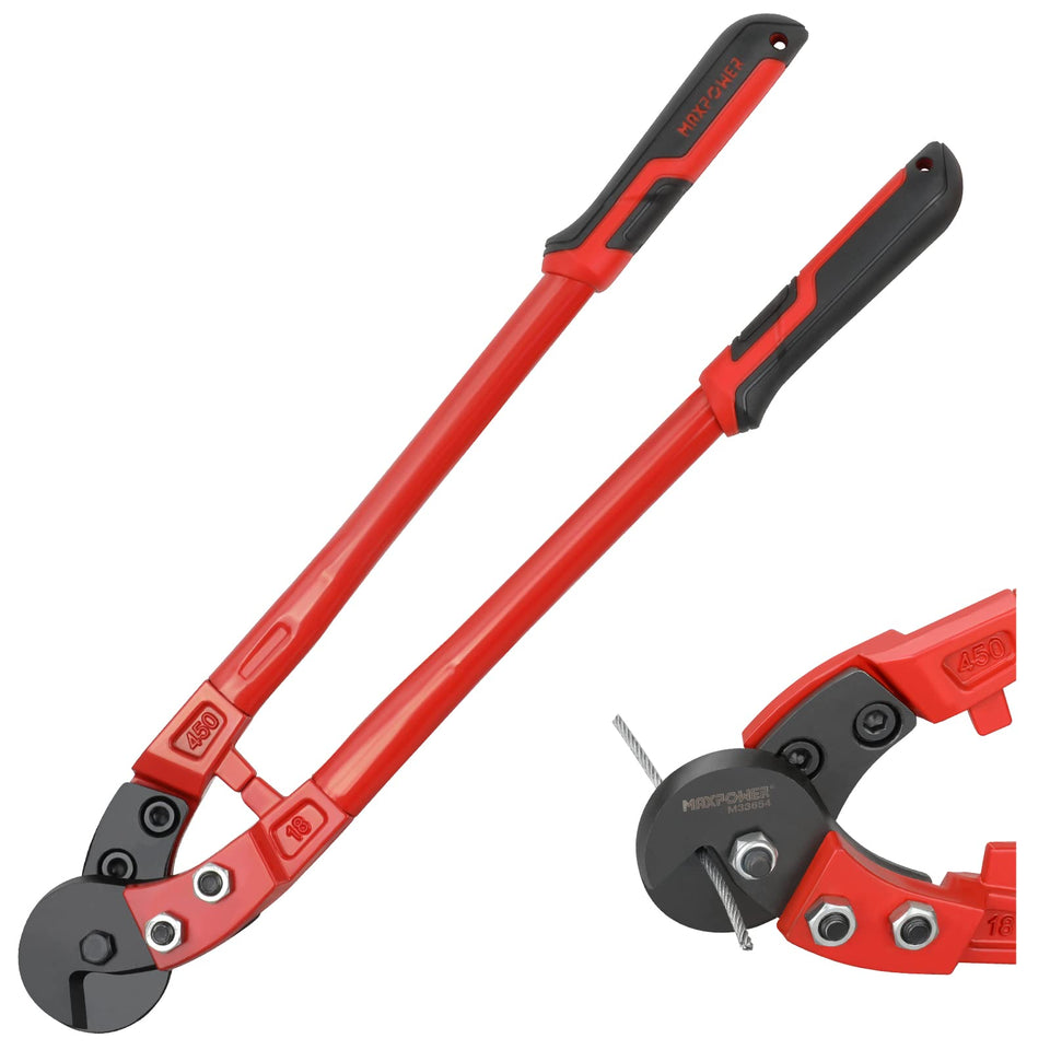 MAXPOWER steel cable cutters 18-inch blade close-up shows precision cutting edge