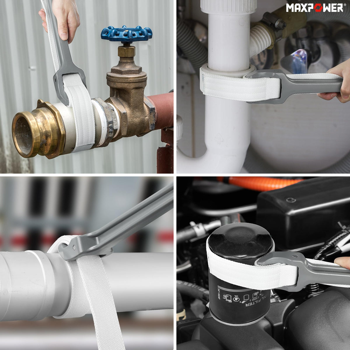 MAXPOWER strap wrench suitable for oil, water, and PVC fittings