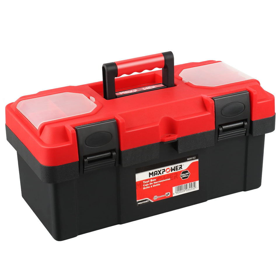 MAXPOWER 16-inch tool box front view showing compact portable design for home use