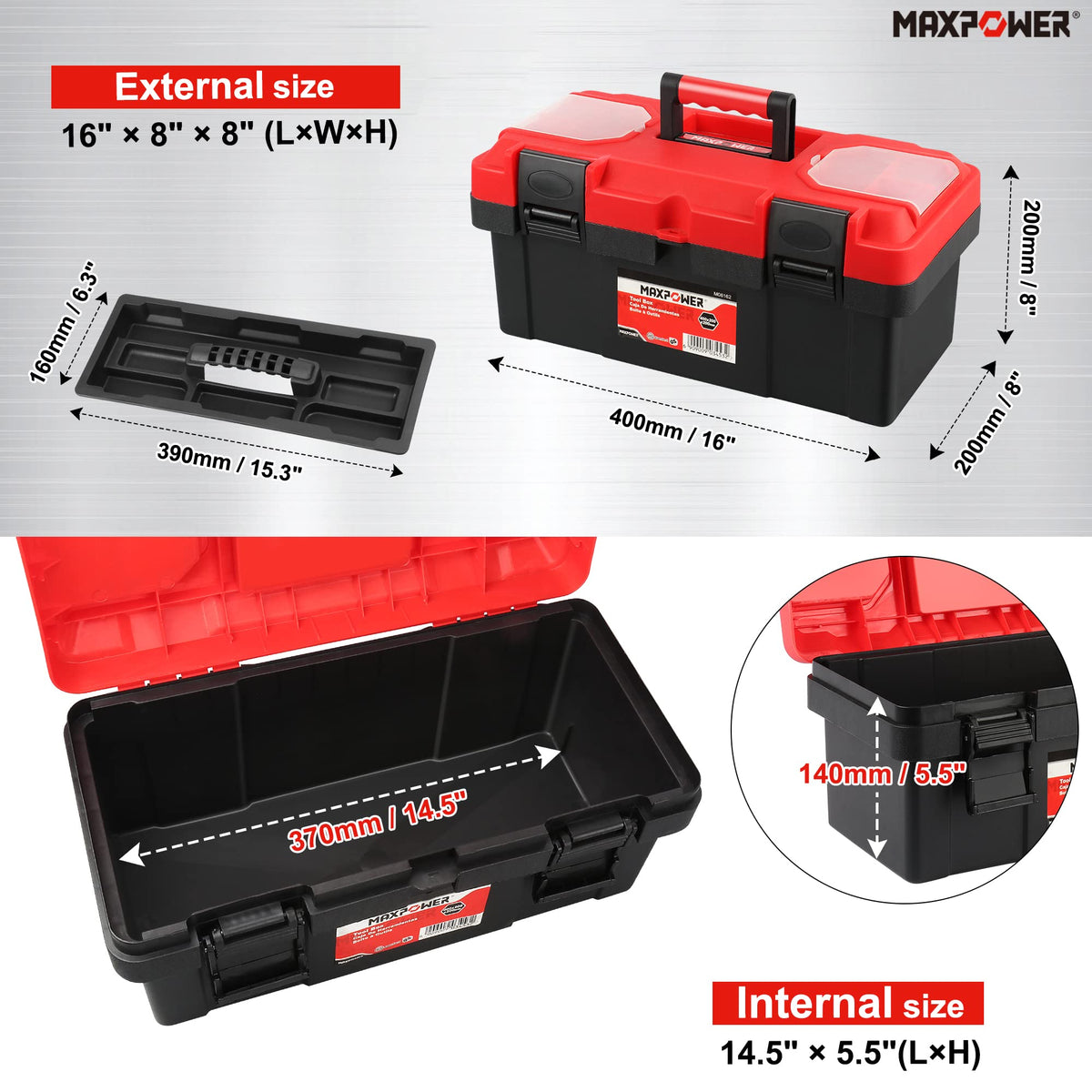MAXPOWER 16-inch box with top lid open revealing removable tray for organized storage