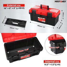 MAXPOWER 16-inch box with top lid open revealing removable tray for organized storage