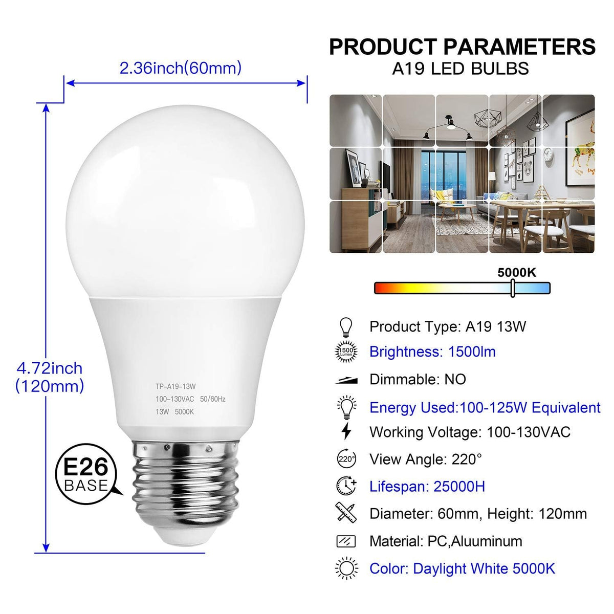 MAXvolador A19 5000K daylight image demonstrates crisp, task-ready illumination