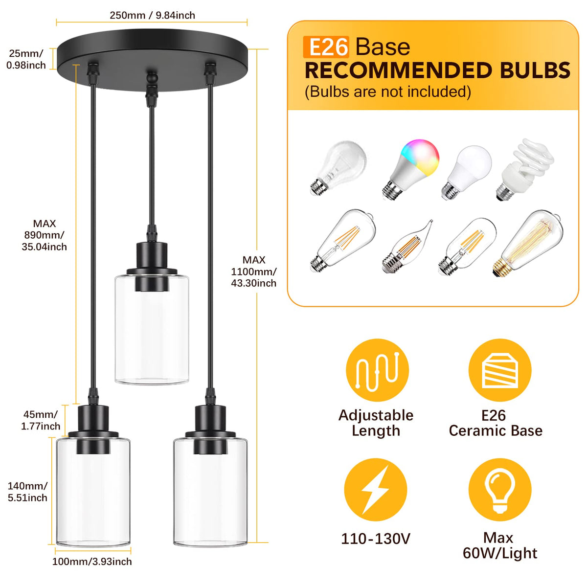Three clear glass shades on the MAXvolador pendant provide balanced illumination