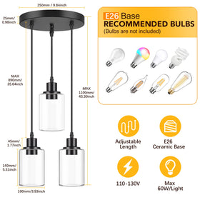Three clear glass shades on the MAXvolador pendant provide balanced illumination