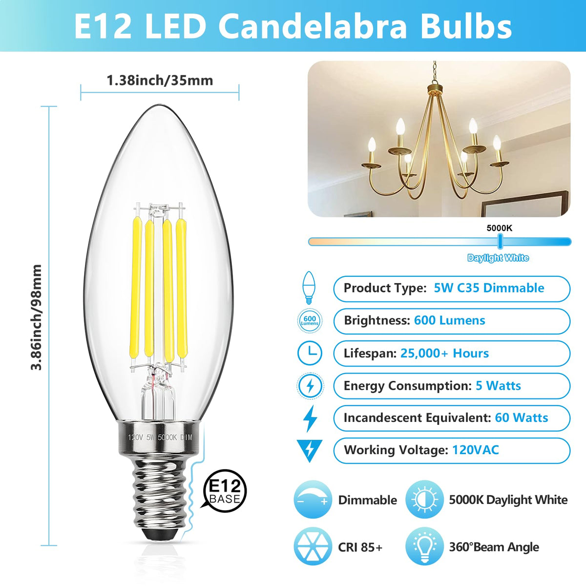 MAXvolador E12 LED candle bulb with 5000K daylight for clear shadows.