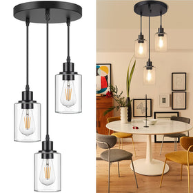 MAXvolador industrial 3-light pendant with black finish and clear glass shades for modern kitchen lighting
