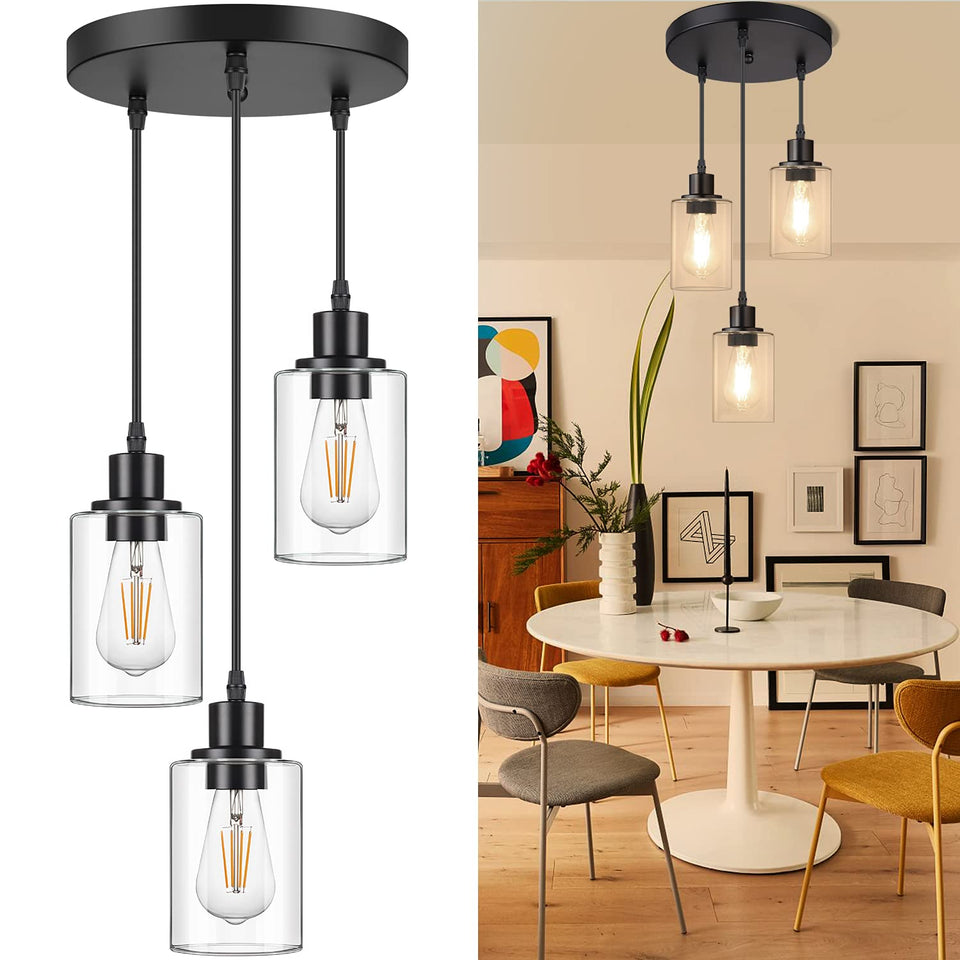 MAXvolador industrial 3-light pendant with black finish and clear glass shades for modern kitchen lighting