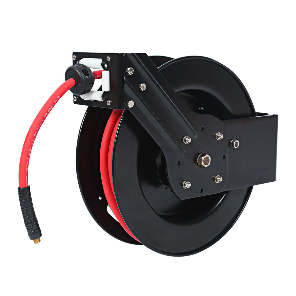 MaxWorks 50ft air hose reel assembly demonstrates full retractable range for easy access.