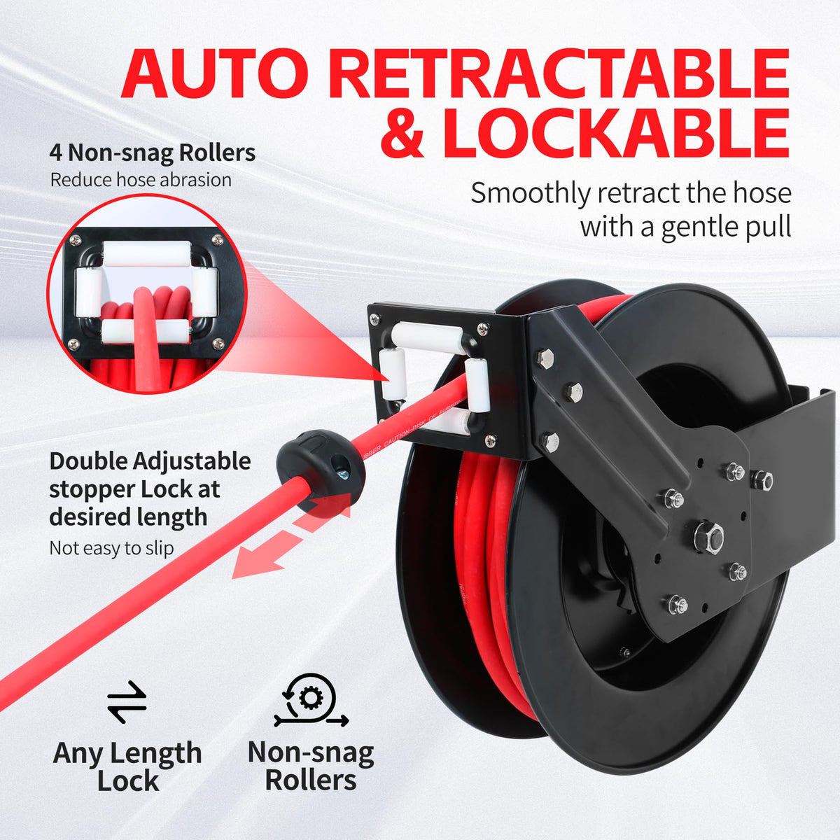 MaxWorks auto-rewind mechanism closeup shows smooth operation and reduced tangling.