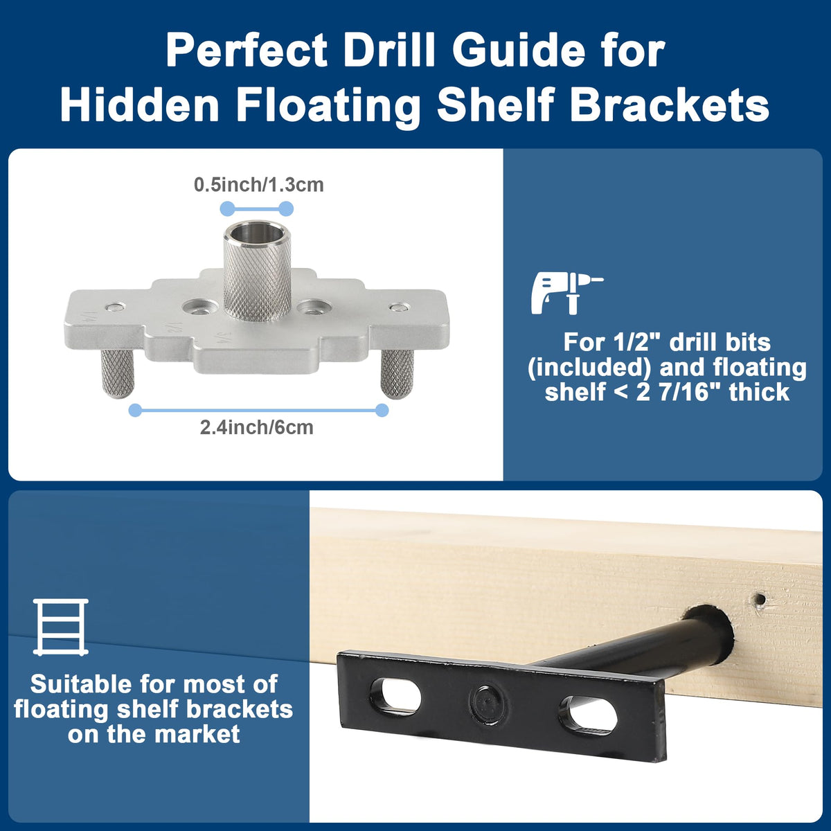 MaxxGeek floating shelf bracket dowel jig in use