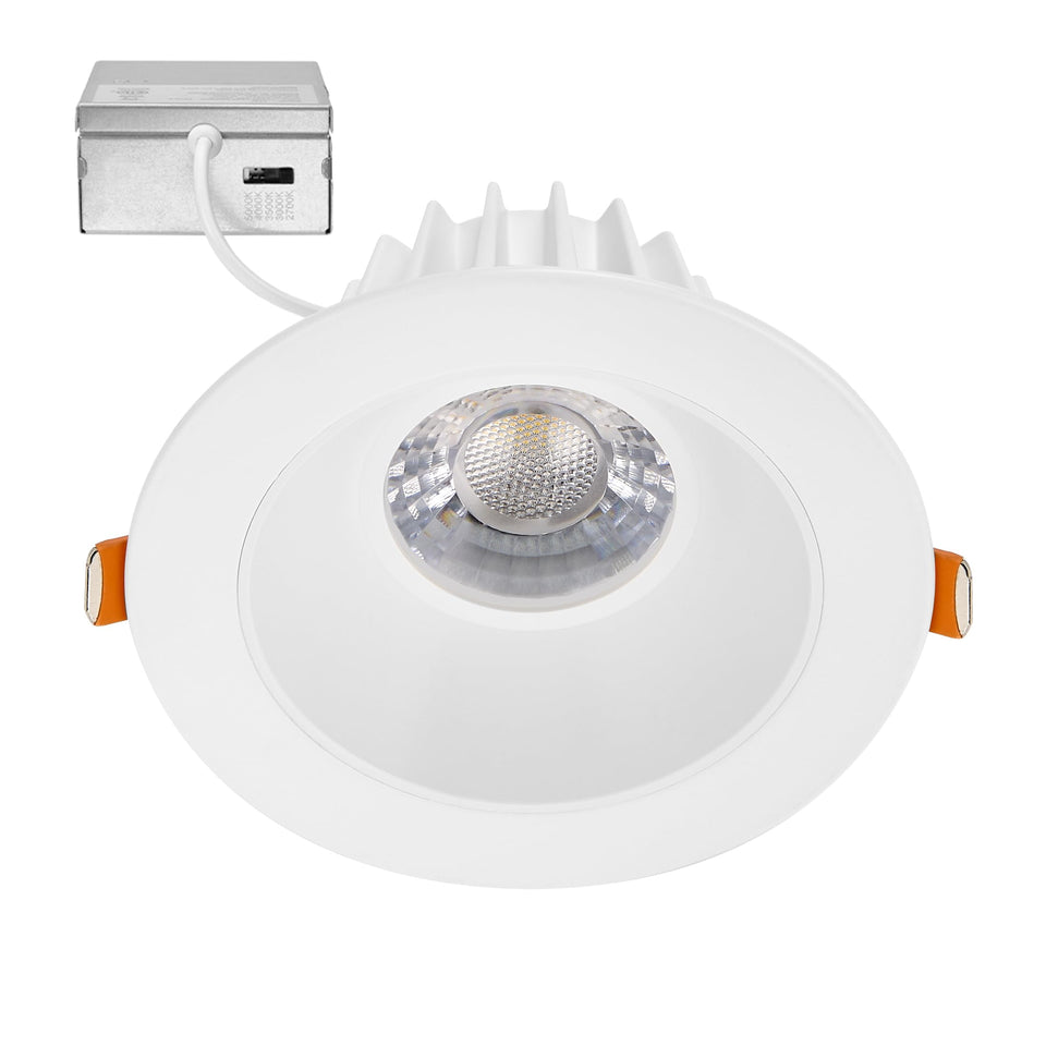 Maxxima 4in ultra-thin downlight in front view with bright, anti-glare illumination.