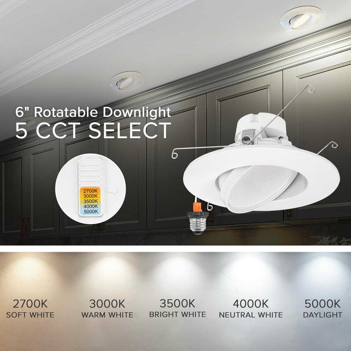 Maxxima downlight with CCT switch displaying 2700K to 5000K options.