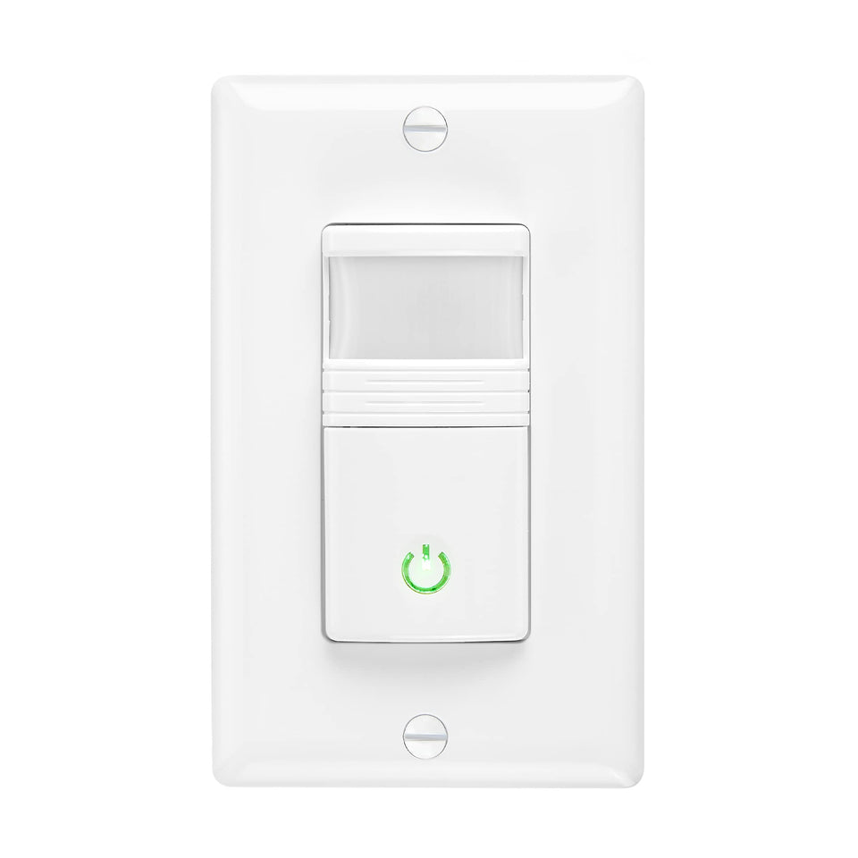 Maxxima occupancy sensor wall switch front view enabling automatic lighting control.