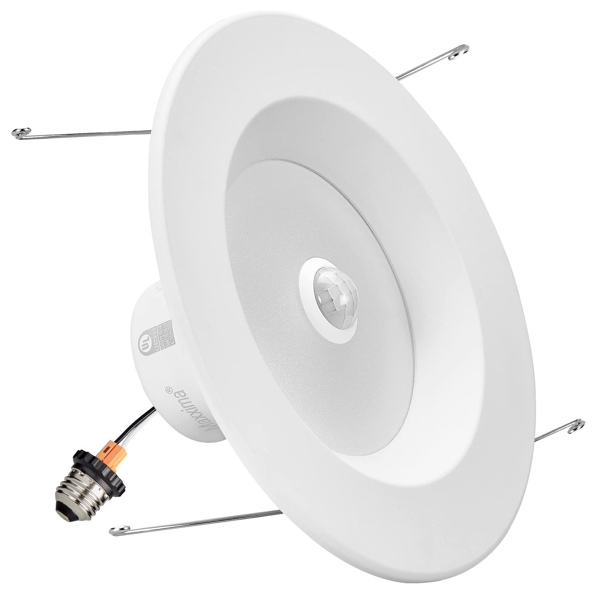 Maxxima PIR downlight side view showing motion sensing in a hallway.