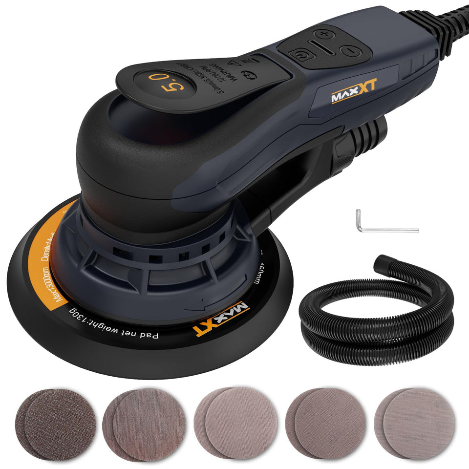 MAXXT electric 5mm orbital sander front view for precise wood smoothing