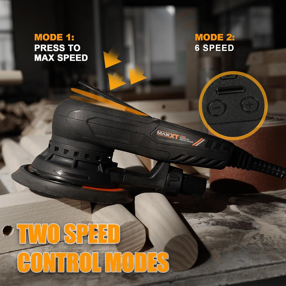 MAXXT orbital sander side grip demonstrates ambidextrous comfort for long sessions