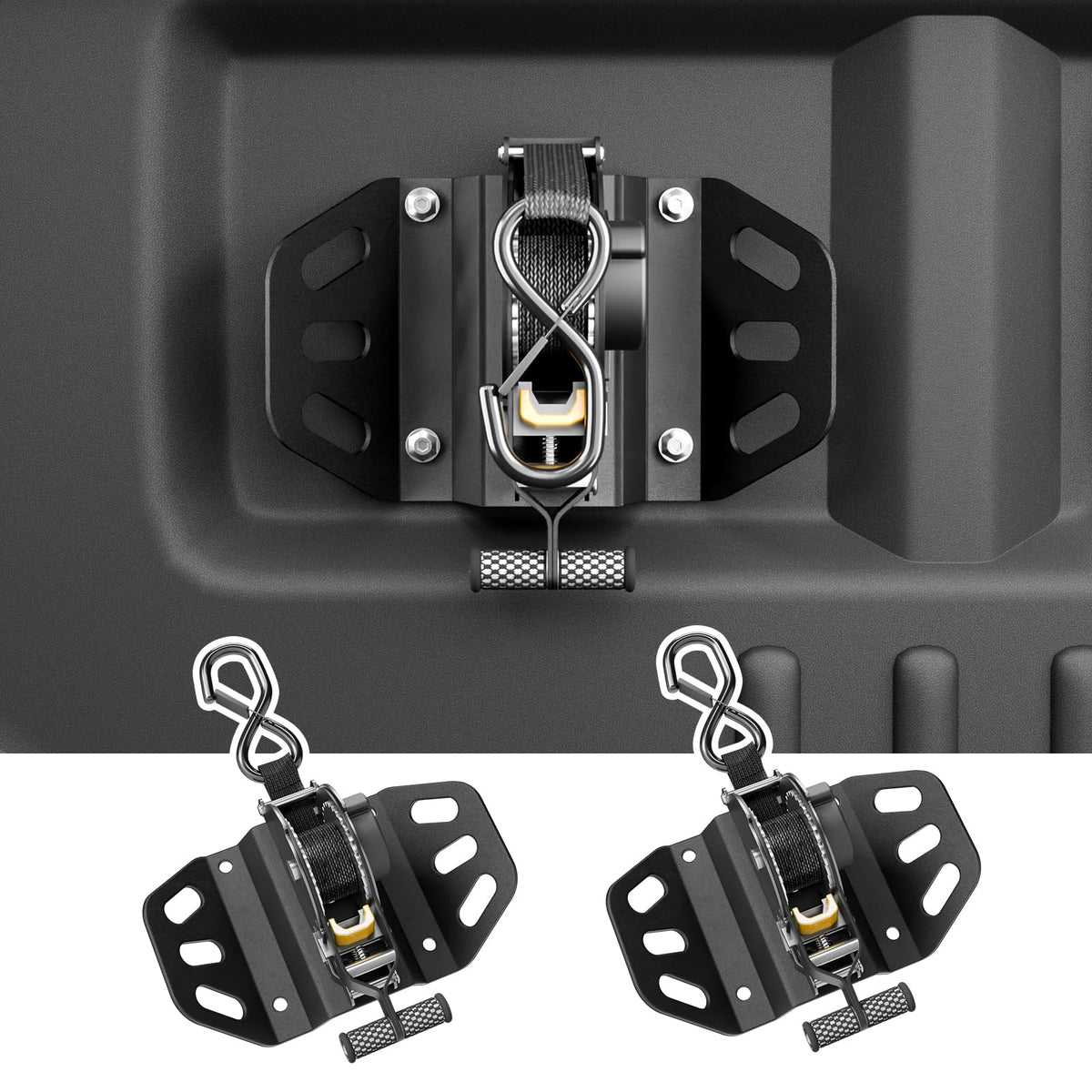 Maxzina retractable ratchet strap installation view for Ford F-150 cargo securing.