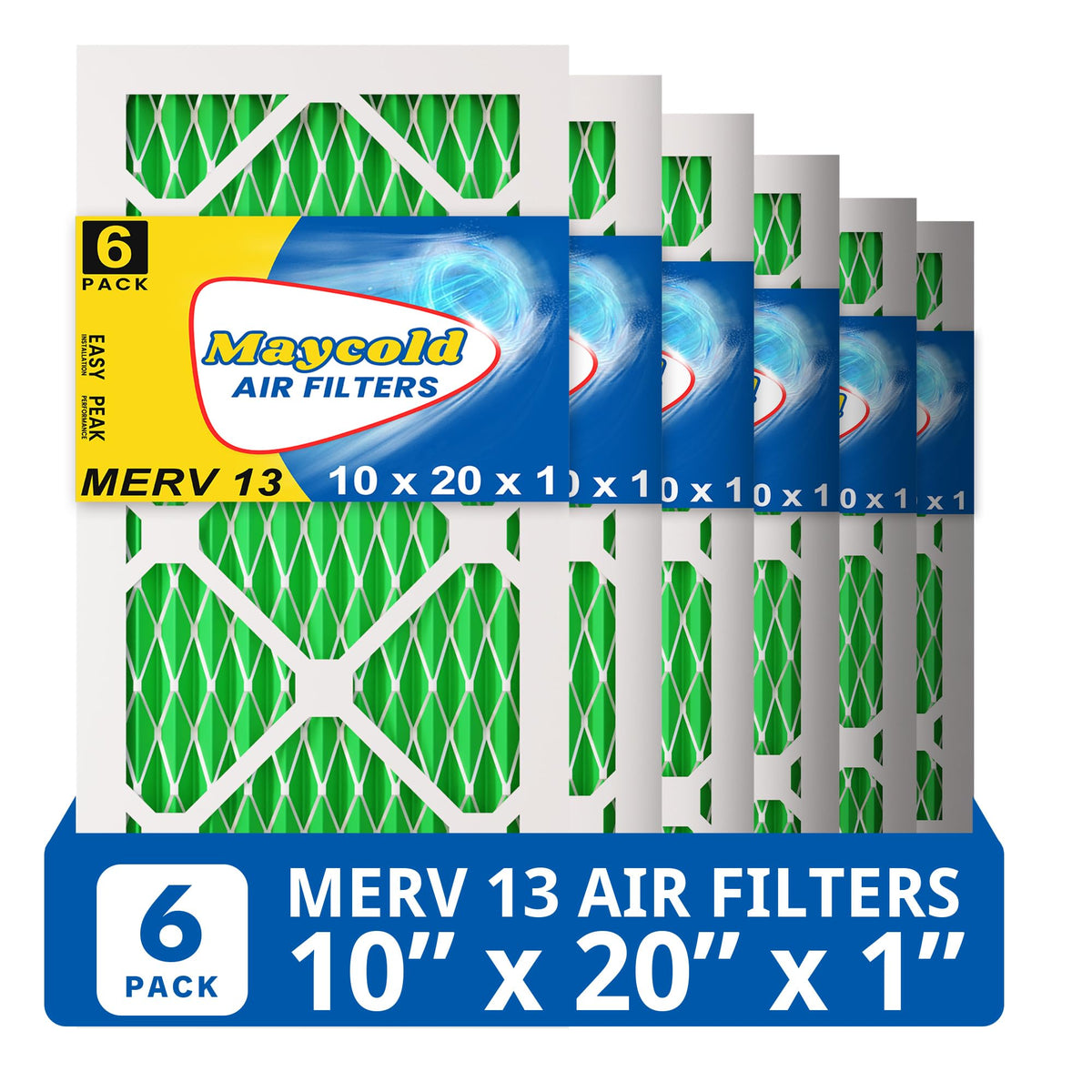 Maycold MERV13 filter 6-pack ready for standard HVAC installations and home use.