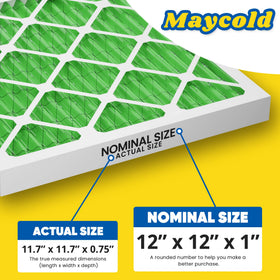 Maycold MERV 13 filter actual size 11.70 by 11.70 by 0.75 inches.