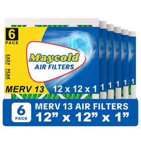 Maycold MERV 13 filter six-pack packaging improves air quality.
