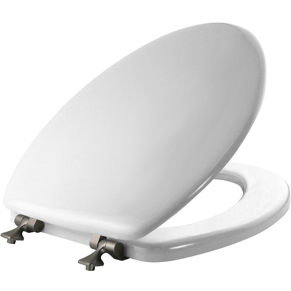 Mayfair 1844BNA toilet seat with brushed-nickel hinges for a secure, stylish update