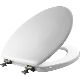 Mayfair 1844BNA toilet seat with brushed-nickel hinges for a secure, stylish update