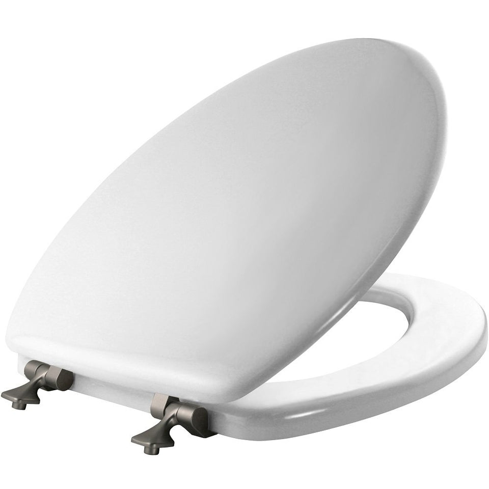 Mayfair 1844BNA toilet seat with brushed-nickel hinges for a secure, stylish update