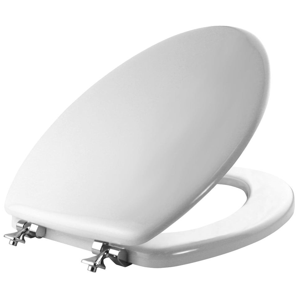 Mayfair 1844CP elongated seat with Stay-Tite keeps securely fastened for wobble-free use.