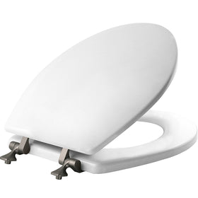 Mayfair 844BN round white toilet seat with brushed nickel hinges for lasting style.