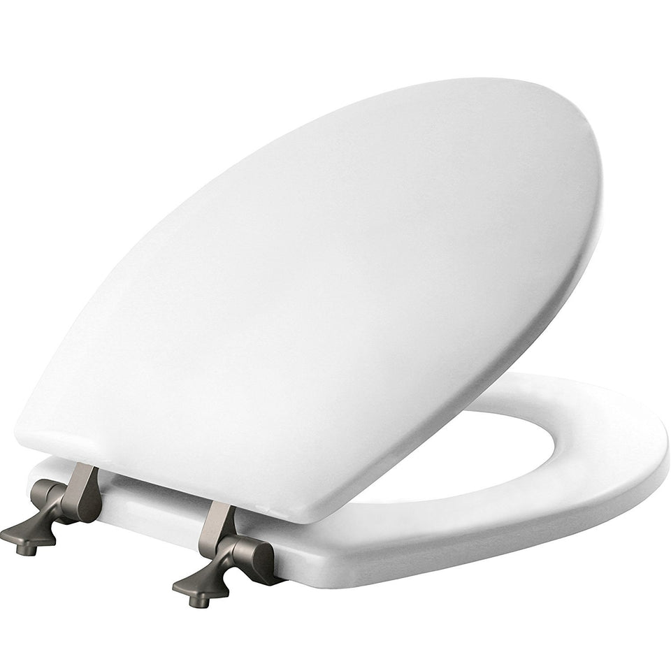 Mayfair 844BN round white toilet seat with brushed nickel hinges for lasting style.