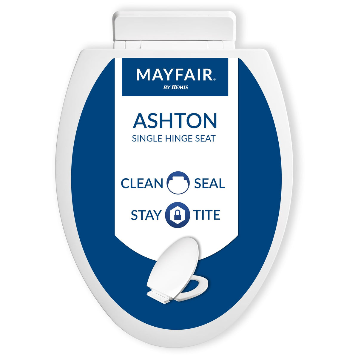 Mayfair Ashton toilet seat front view showcasing a sleek white finish for modern bathrooms.