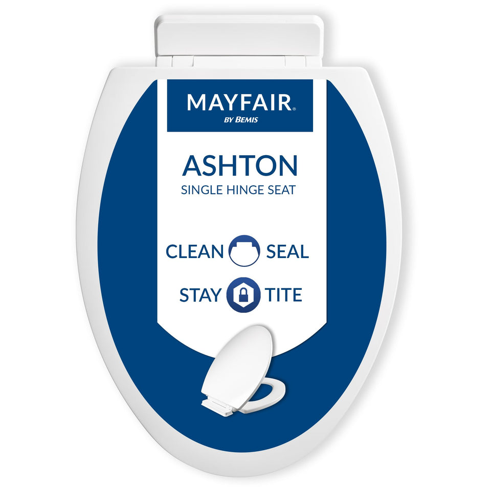 Mayfair Ashton toilet seat front view showcasing a sleek white finish for modern bathrooms.