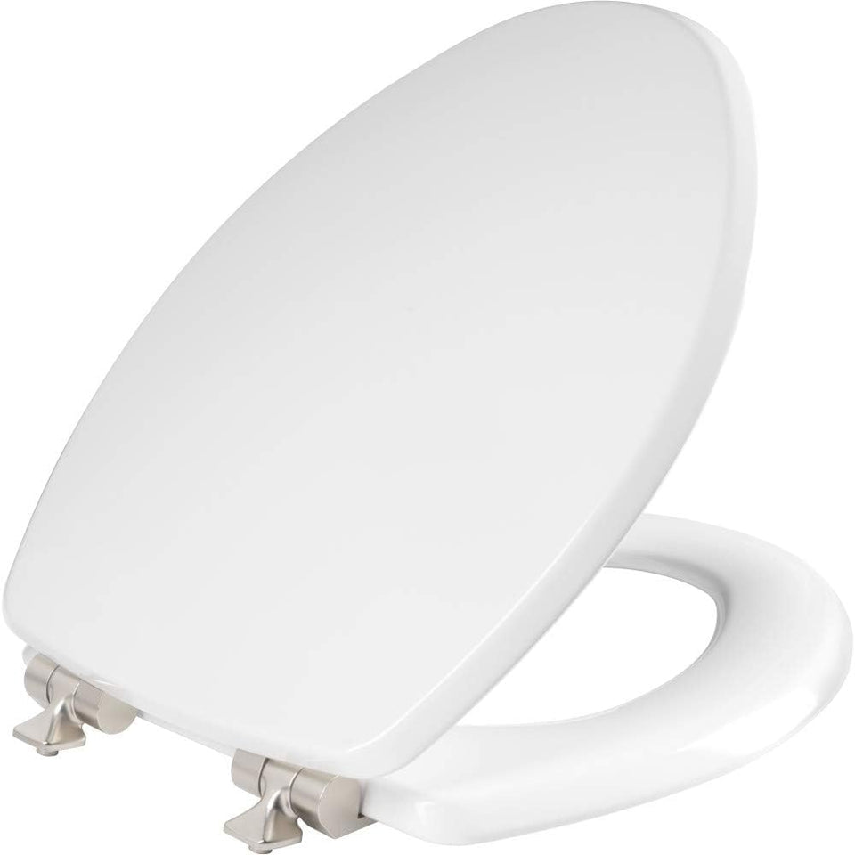 Mayfair Bennett toilet seat with brushed nickel hinges for durable, stylish hardware.