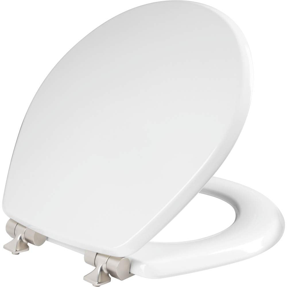 Mayfair Bennett wood toilet seat with brushed nickel hinges for a quiet, secure upgrade.