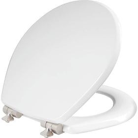 Mayfair Bennett wood toilet seat with brushed nickel hinges for a quiet, secure upgrade.