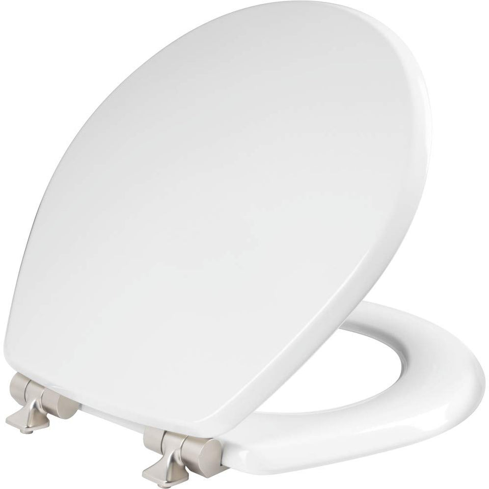 Mayfair Bennett wood toilet seat with brushed nickel hinges for a quiet, secure upgrade.