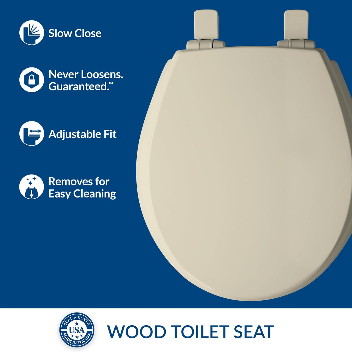 Mayfair Cassel seat hinges provide easy-release for deep cleaning