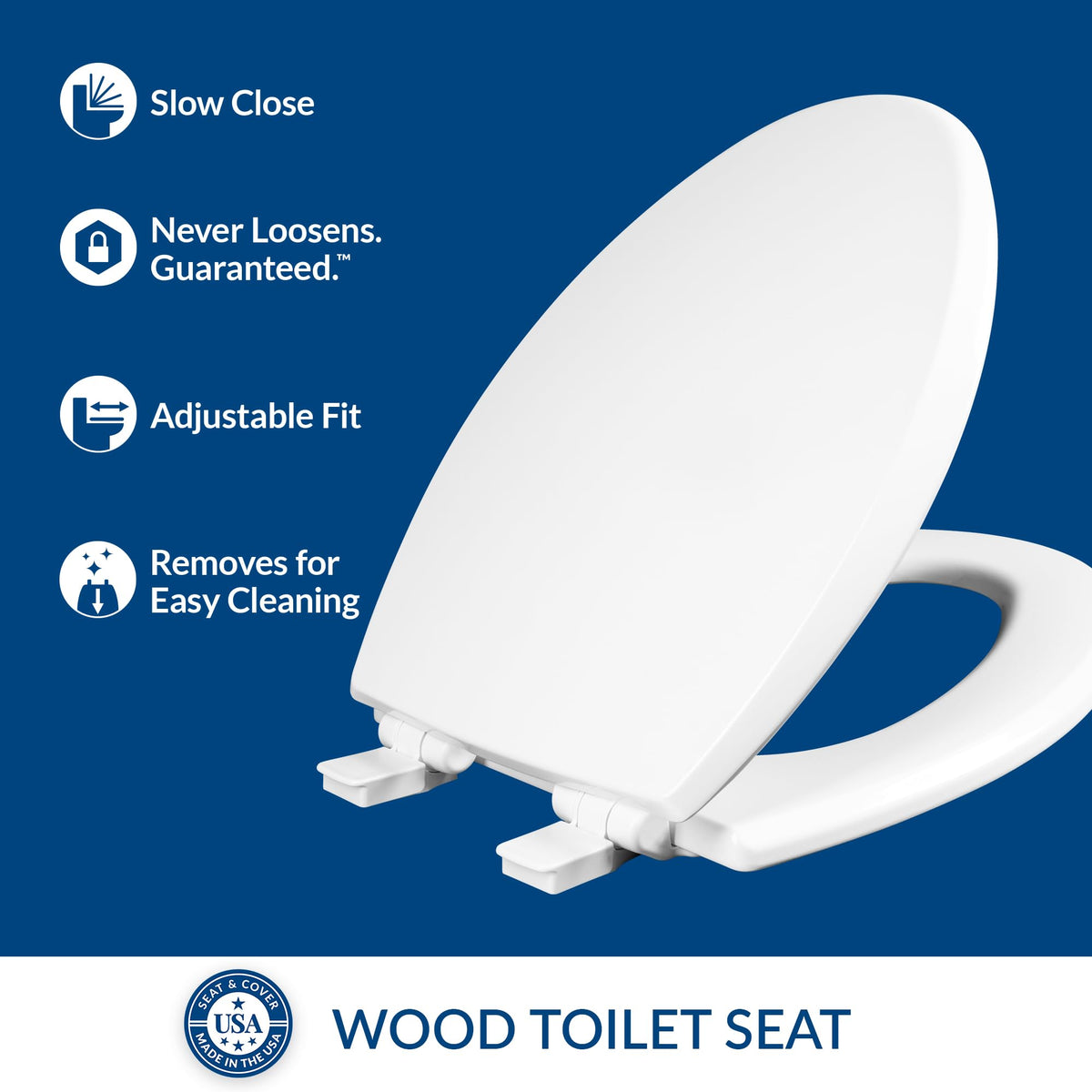 Mayfair Cassel wood seat with Easy Clean hinges for cleaning