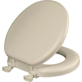 Mayfair padded toilet seat bone close-up highlights soft vinyl comfort.