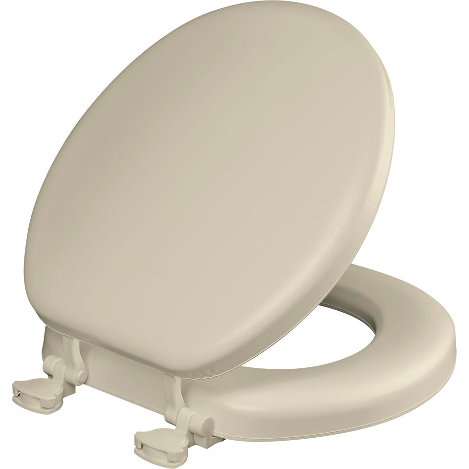 Mayfair padded toilet seat bone close-up highlights soft vinyl comfort.