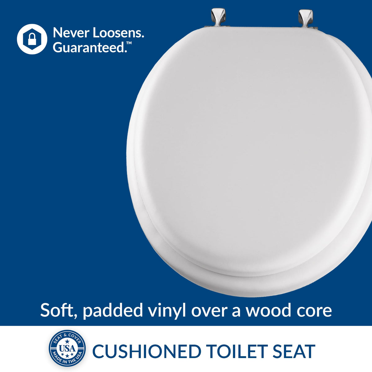 Mayfair seat chrome hinges add a sleek, durable touch for any bathroom.