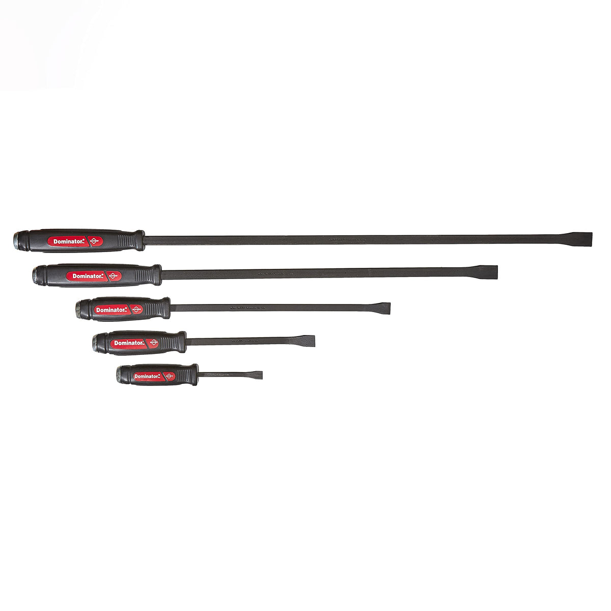 Mayhew Dominator curved-pry-bar set for tight spaces, with durable curved end leverage.