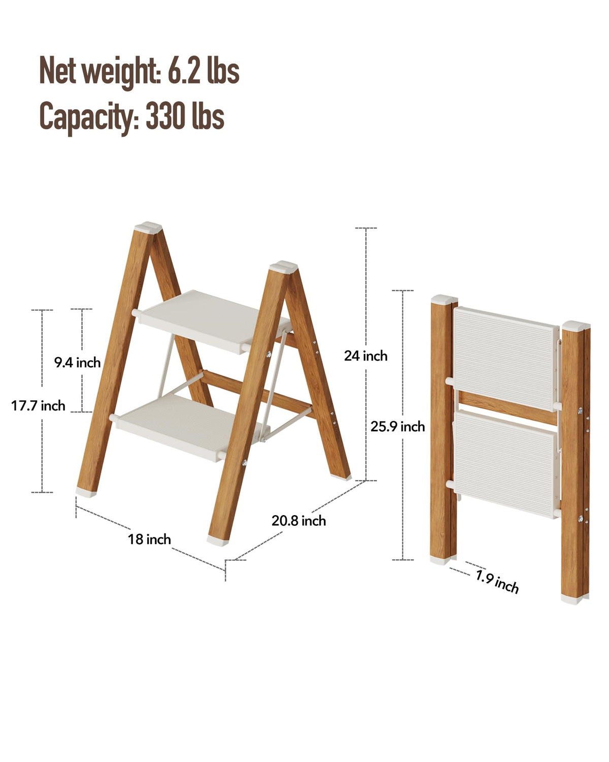 Mayi Plus 2-Step Ladder folded compact for storage behind a door or closet