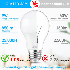 Maylaywood A19 LED bulb with E26 base for easy standard fixture compatibility.