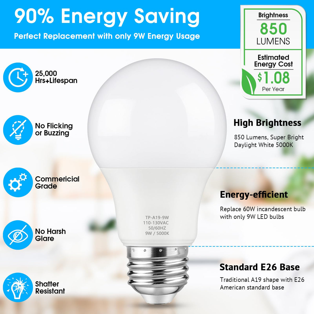 Maylaywood A19 LED bulb uses 9W to replace traditional 60W bulbs.