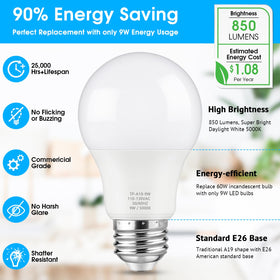 Maylaywood A19 LED bulb uses 9W to replace traditional 60W bulbs.
