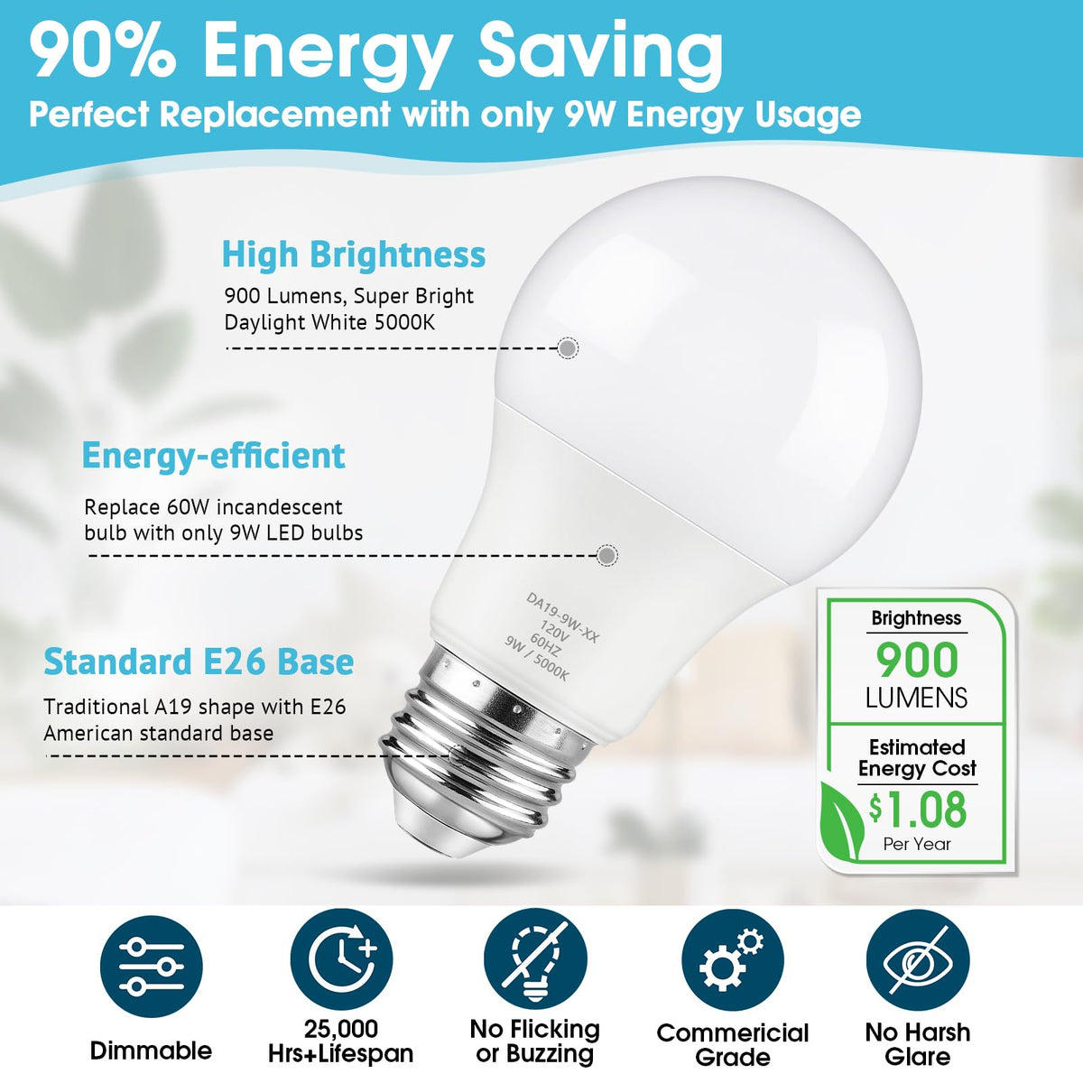 Maylaywood A19 LED bulb daylight 5000K for task lighting