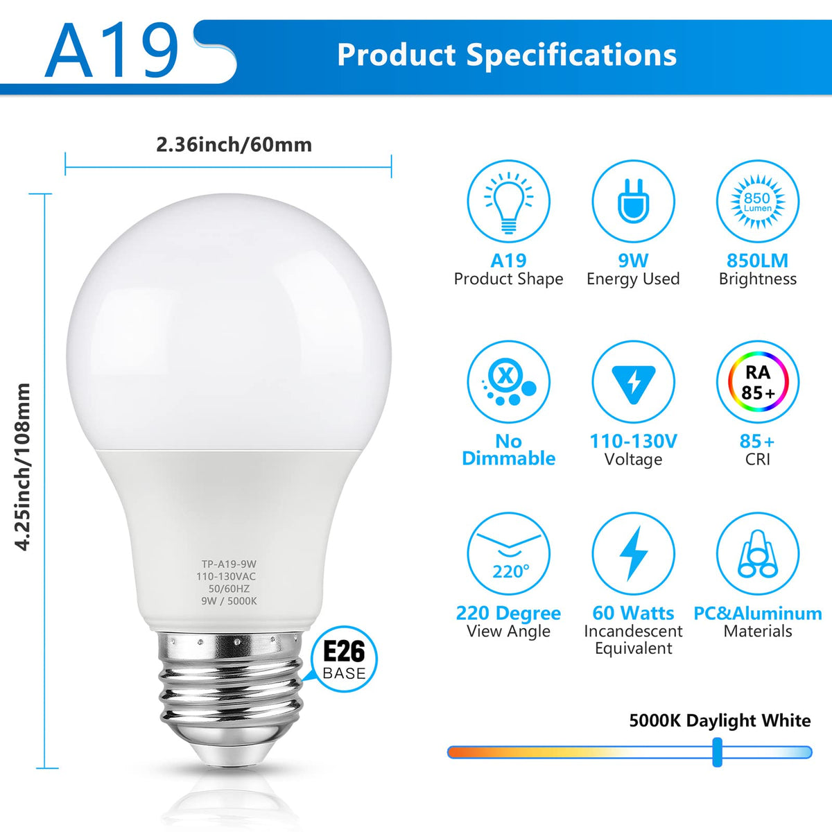 Maylaywood A19 LED bulb provides a 220-degree wide beam across rooms.
